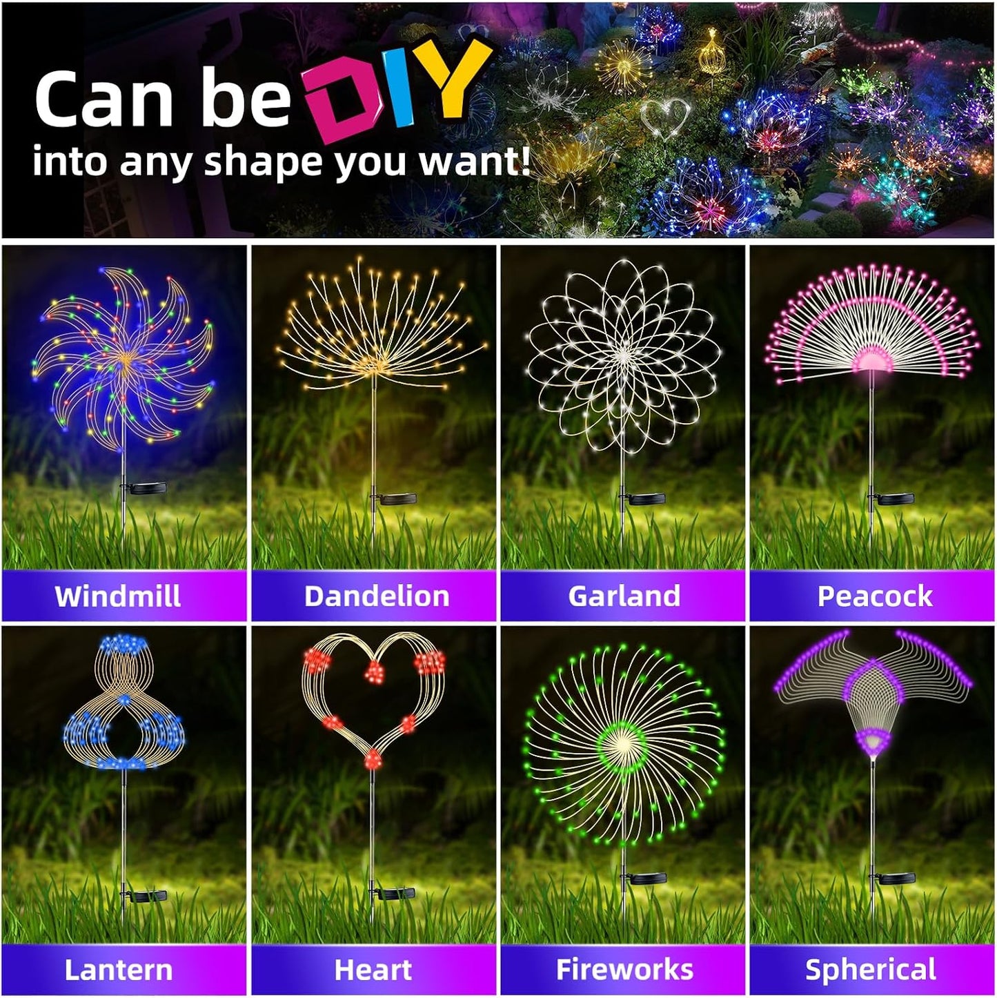2 PCS Solar Firework Light, Outdoor Solar Garden Decorative Lights 120 LED Powered 40 Copper Wires String DIY Landscape Light for Walkway Pathway Backyard Decoration Parties Perfect Gifts(Pink)