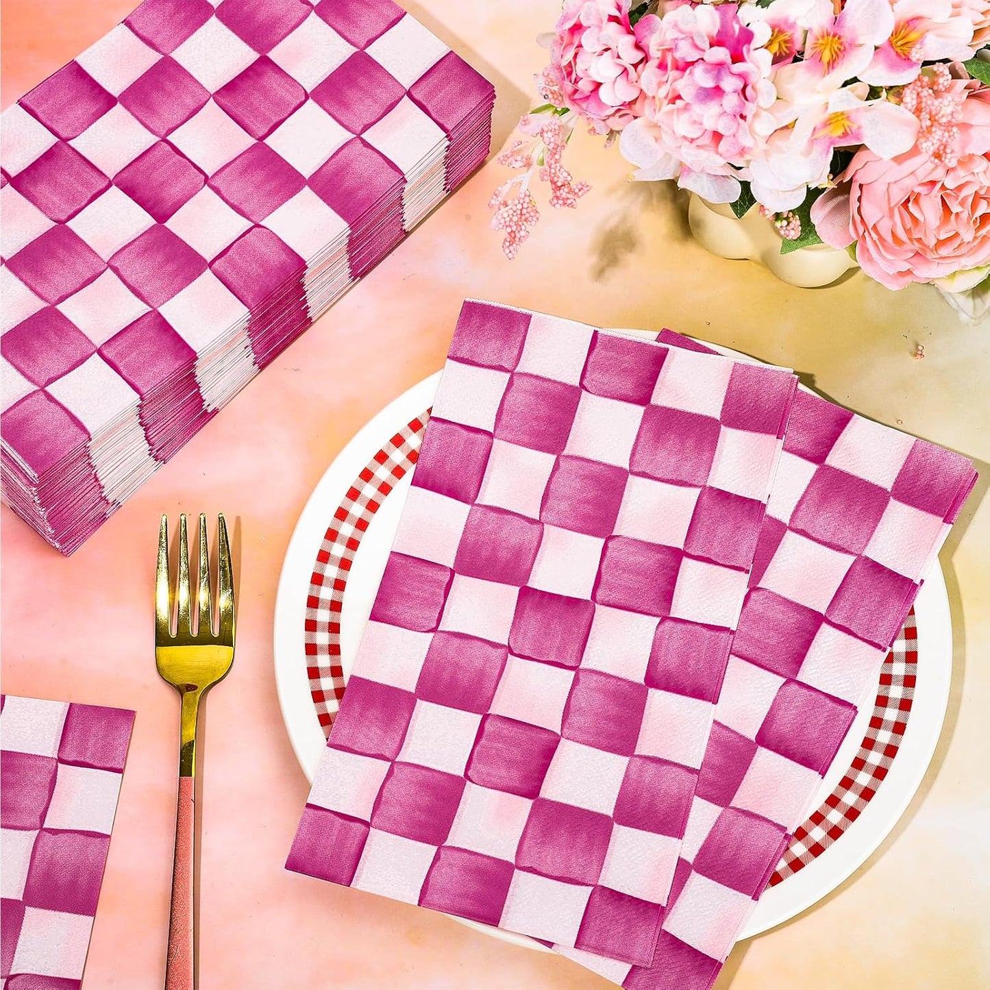 100Pcs Pink Plaid Guest Napkins Watercolor Checkered Disposable Napkins Gingham Paper Dinner Hand Towel for Bathroom Wedding Birthday Party Table Supplies