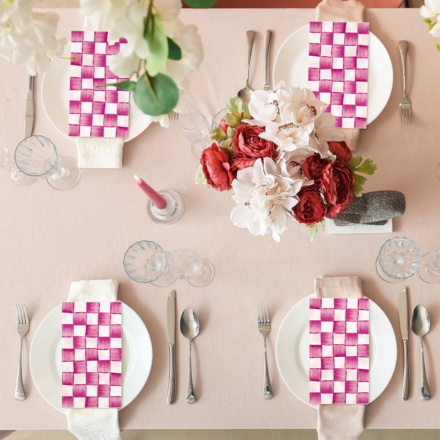 100Pcs Pink Plaid Guest Napkins Watercolor Checkered Disposable Napkins Gingham Paper Dinner Hand Towel for Bathroom Wedding Birthday Party Table Supplies