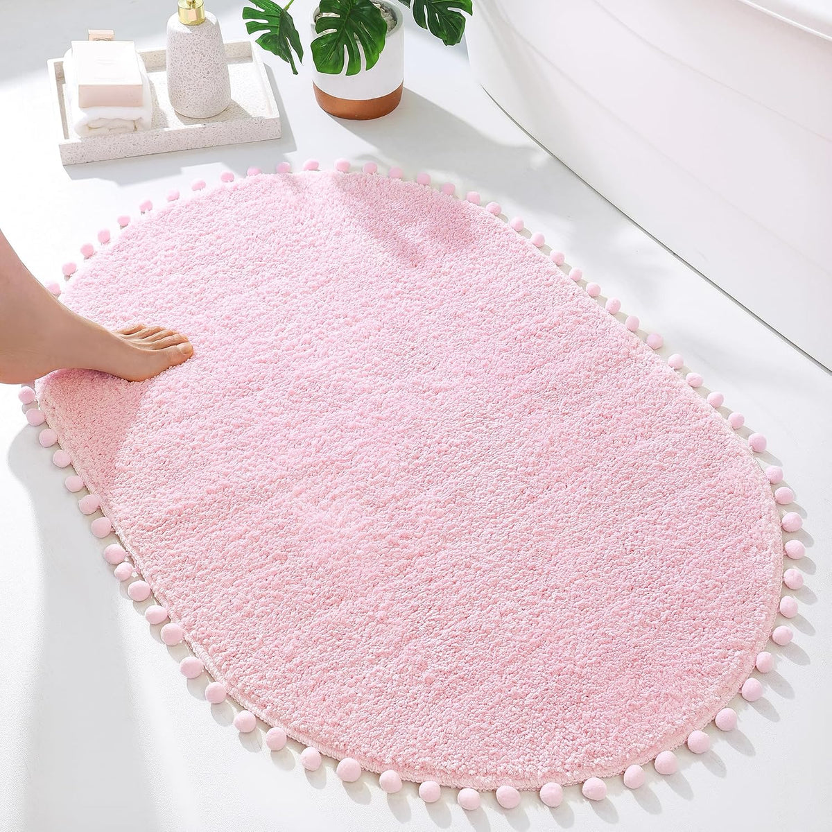 Oval Rug for Bathroom, Cute Boho Bath Mat with Pom, Pink, 36"x24"