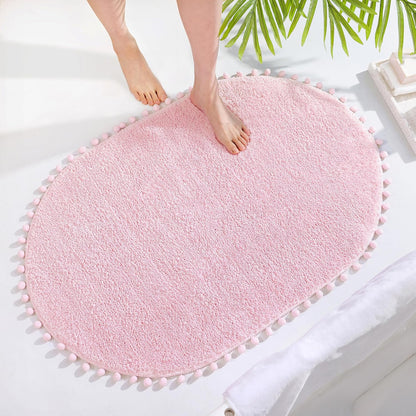 Oval Rug for Bathroom, Cute Boho Bath Mat with Pom, Pink, 36"x24"