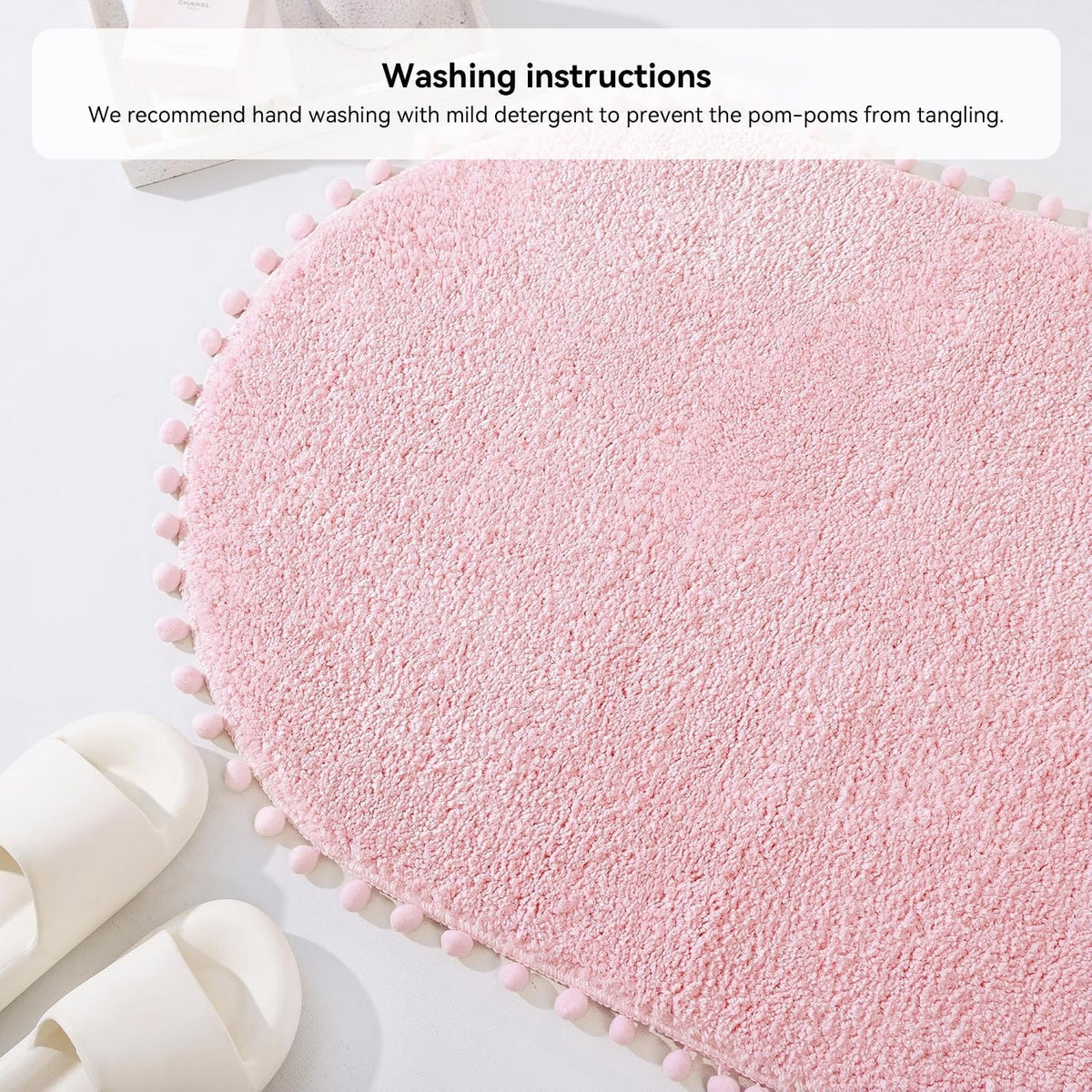 Oval Rug for Bathroom, Cute Boho Bath Mat with Pom, Pink, 36"x24"