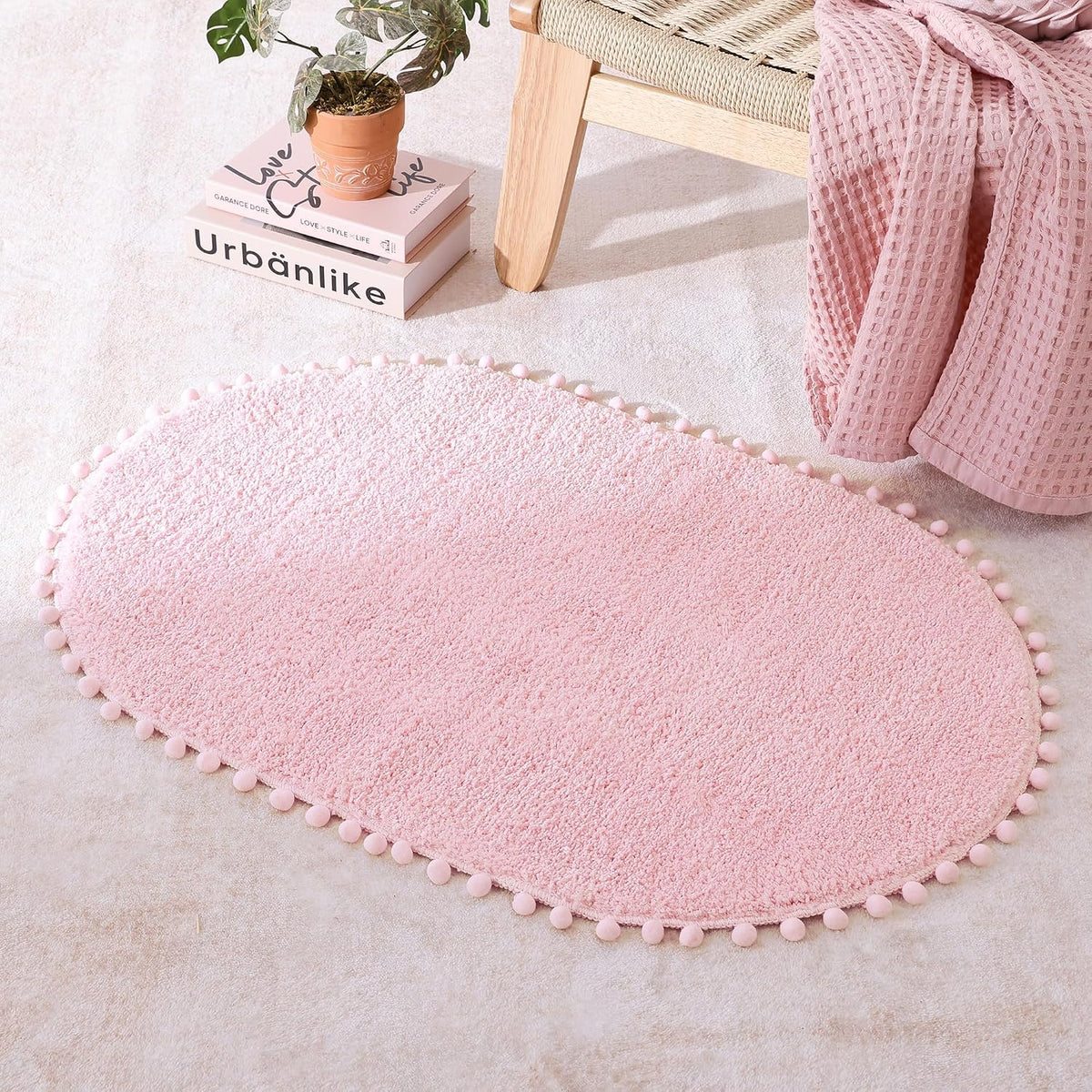 Oval Rug for Bathroom, Cute Boho Bath Mat with Pom, Pink, 36"x24"