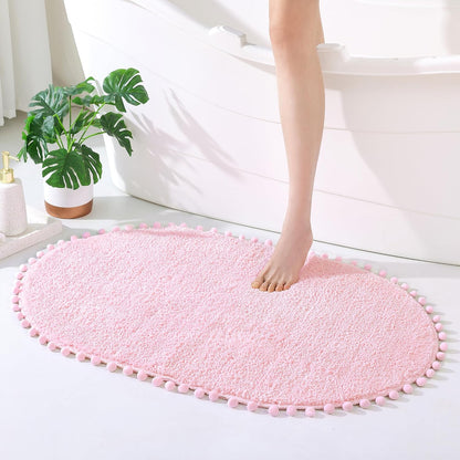 Oval Rug for Bathroom, Cute Boho Bath Mat with Pom, Pink, 36"x24"