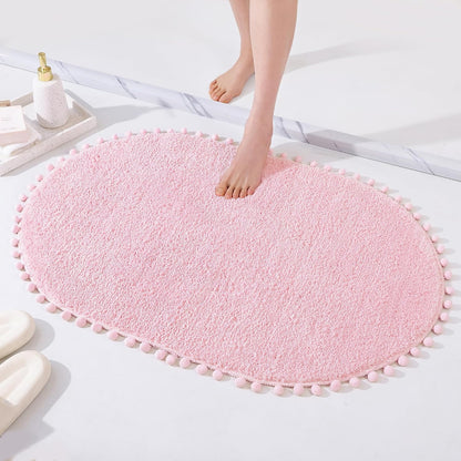 Oval Rug for Bathroom, Cute Boho Bath Mat with Pom, Pink, 36"x24"