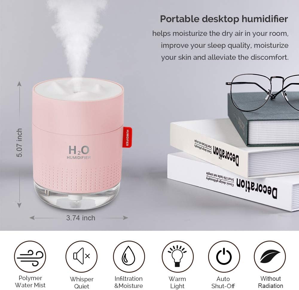 Portable Mini Humidifier, 500ml Small Humidifier for Bedroom Travel, Pink