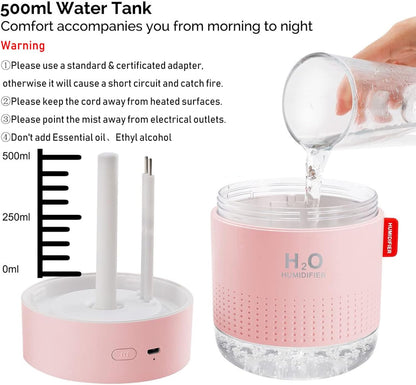 Portable Mini Humidifier, 500ml Small Humidifier for Bedroom Travel, Pink
