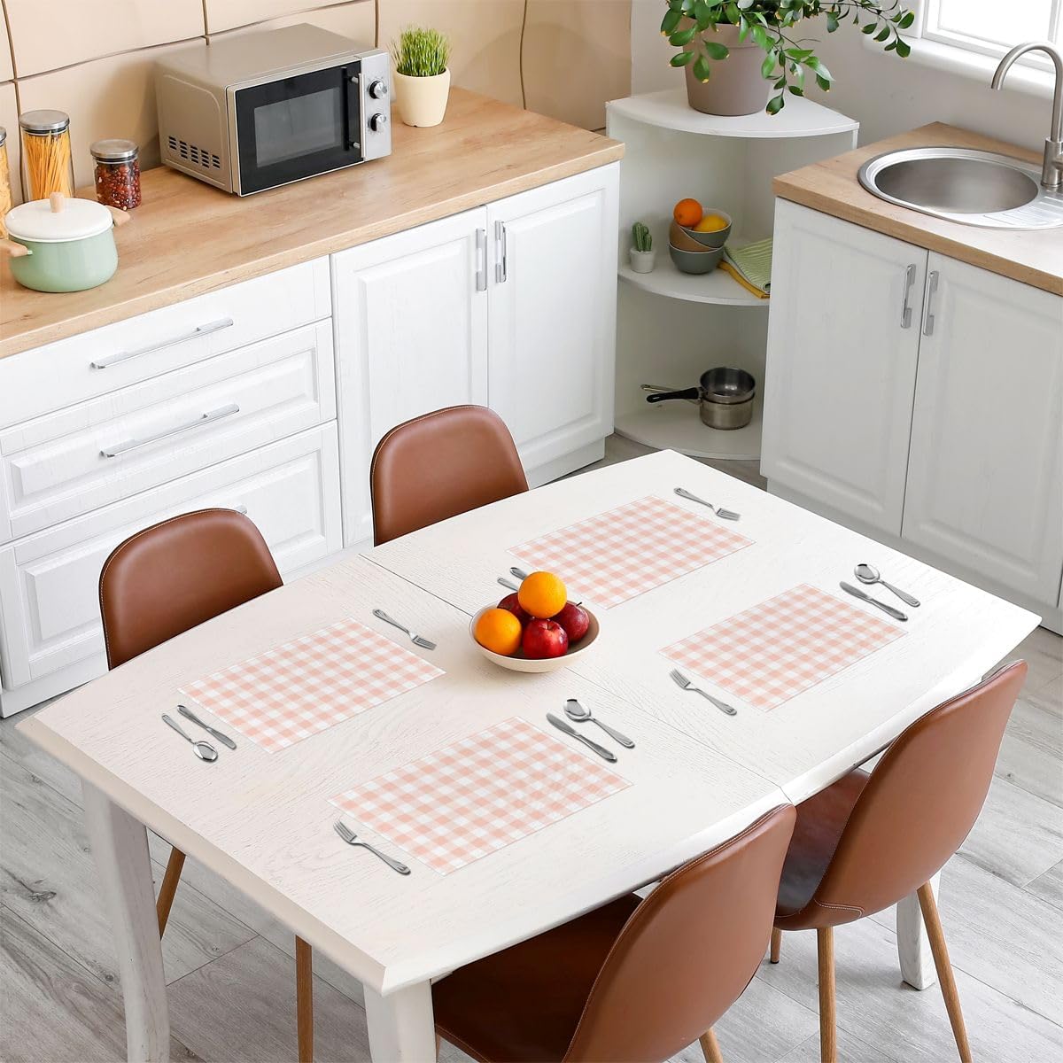 Checkered Table Placemats Set of 4,Farmhouse Checkered Geometric Theme Place Mats 12x18 Inch for Kitchen Table,Cute Plaid Art Design Placemats Set,Light Pink Washable Mats Suitable for Restaurant