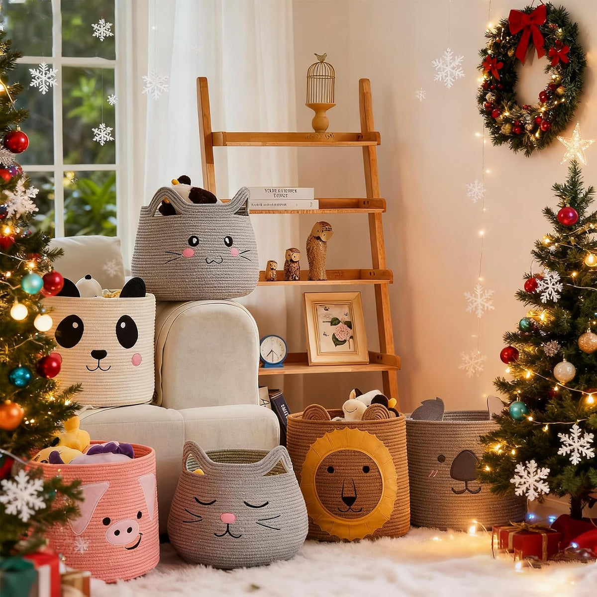 Animal Shaped Woven Rope Cotton Storage Basket with Handles