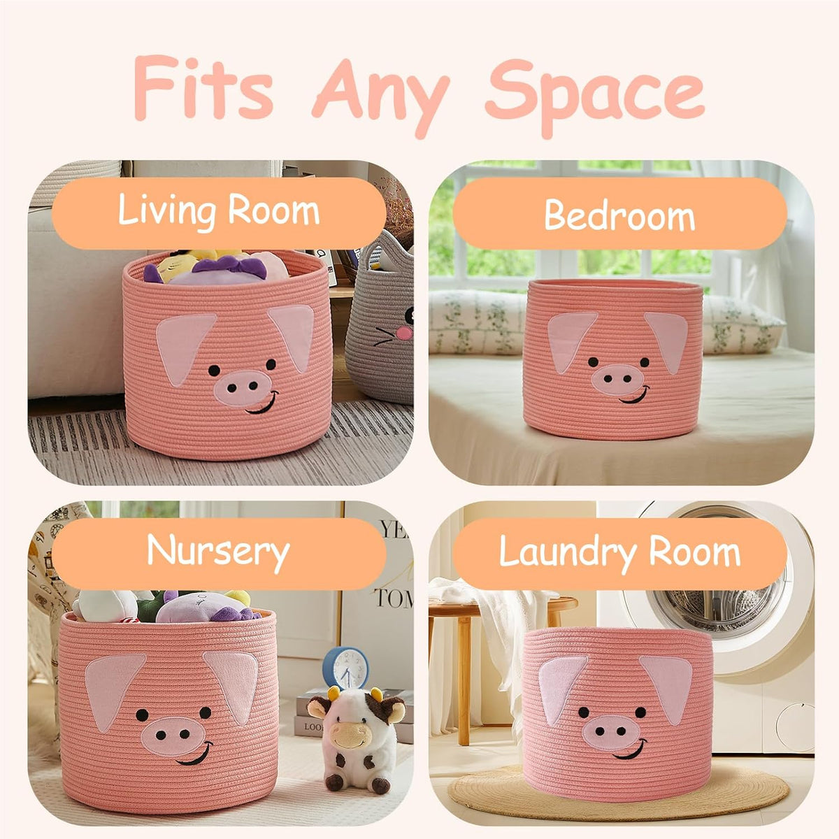 Animal Shaped Woven Rope Cotton Storage Basket with Handles