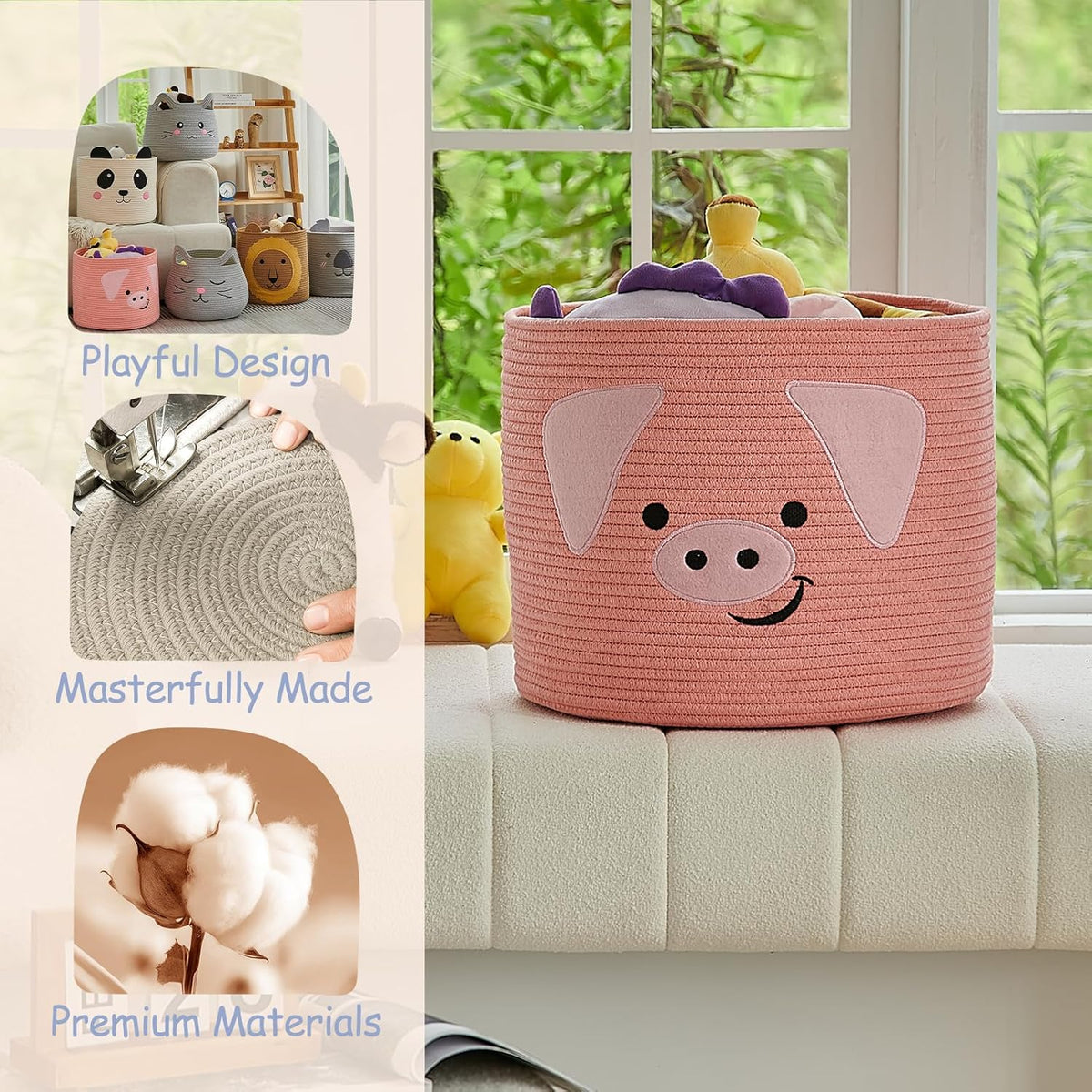 Animal Shaped Woven Rope Cotton Storage Basket with Handles