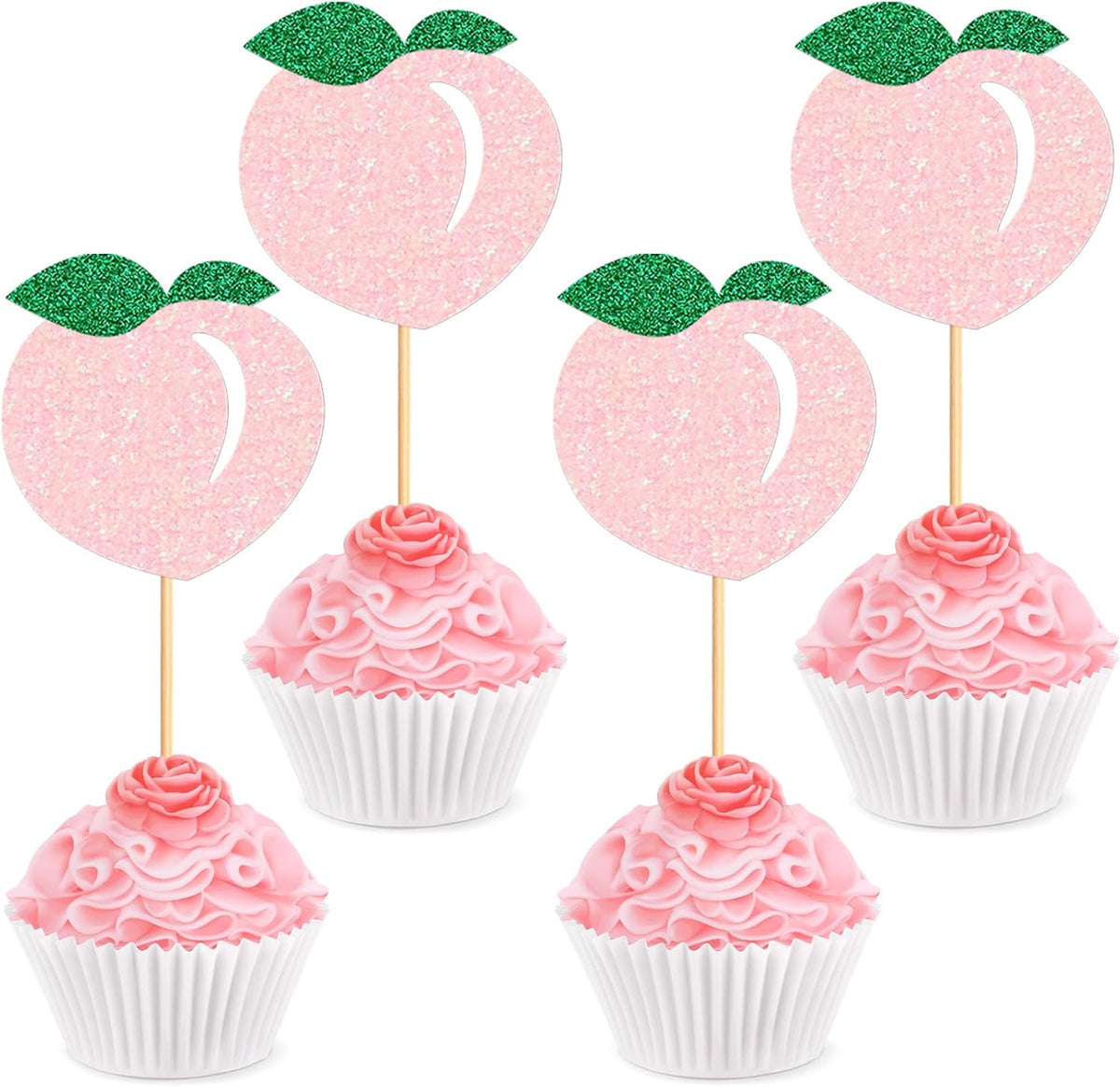 24PCS Glitter Pink Peach Cupcake Toppers Honey Peachs Cupcake Picks For Fruits Baby Shower Peach Theme Boys Girls Birthday Cupake Decoration Fruit Party Decorations