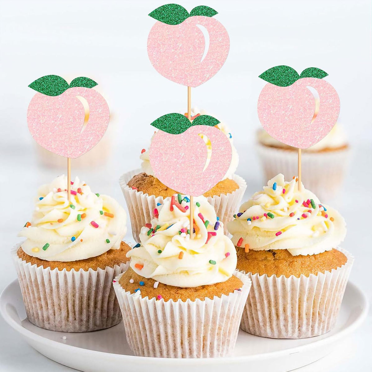 24PCS Glitter Pink Peach Cupcake Toppers Honey Peachs Cupcake Picks For Fruits Baby Shower Peach Theme Boys Girls Birthday Cupake Decoration Fruit Party Decorations