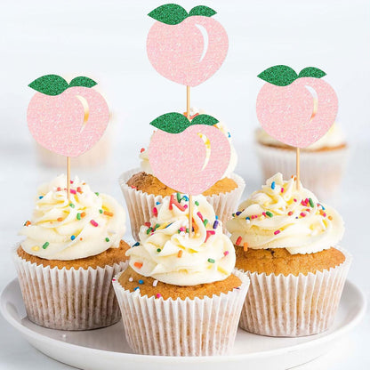24PCS Glitter Pink Peach Cupcake Toppers Honey Peachs Cupcake Picks For Fruits Baby Shower Peach Theme Boys Girls Birthday Cupake Decoration Fruit Party Decorations