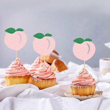 24PCS Glitter Pink Peach Cupcake Toppers Honey Peachs Cupcake Picks For Fruits Baby Shower Peach Theme Boys Girls Birthday Cupake Decoration Fruit Party Decorations
