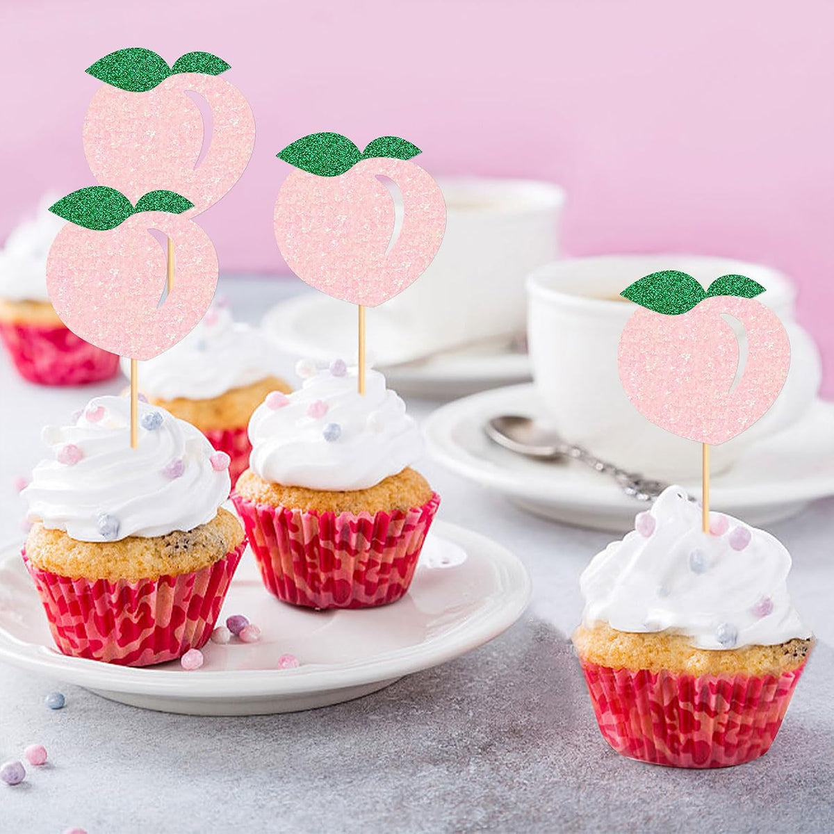 24PCS Glitter Pink Peach Cupcake Toppers Honey Peachs Cupcake Picks For Fruits Baby Shower Peach Theme Boys Girls Birthday Cupake Decoration Fruit Party Decorations