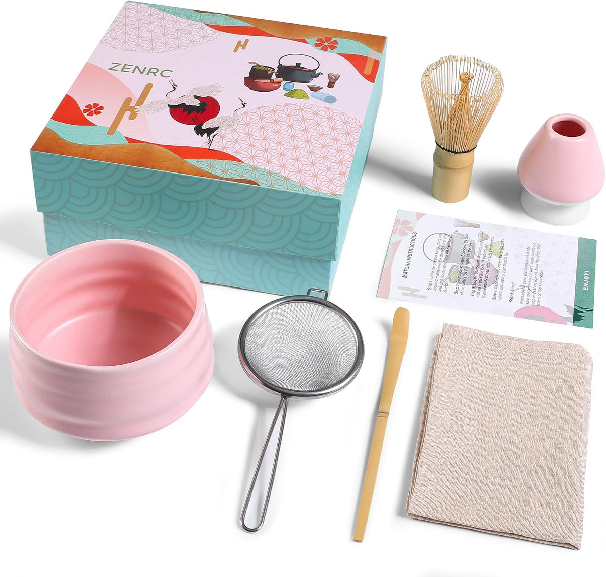 Ceremony Matcha Kit - Traditional Bamboo Matcha Whisk (Chasen) Scoop (Chashaku) Chawan Bowl with Pouring Spout Whisk Holder Sifter Tea Tray- The Perfect Matcha Set (Set of 6, Pink)