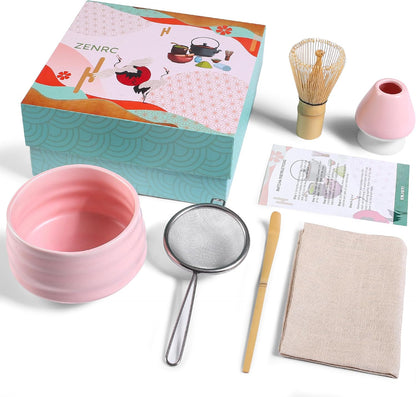 Ceremony Matcha Kit - Traditional Bamboo Matcha Whisk (Chasen) Scoop (Chashaku) Chawan Bowl with Pouring Spout Whisk Holder Sifter Tea Tray- The Perfect Matcha Set (Set of 6, Pink)