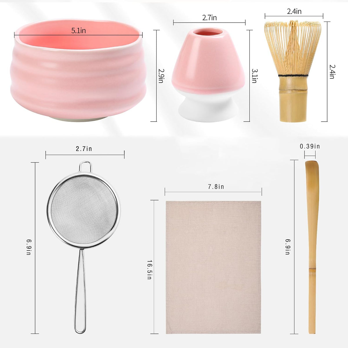 Ceremony Matcha Kit - Traditional Bamboo Matcha Whisk (Chasen) Scoop (Chashaku) Chawan Bowl with Pouring Spout Whisk Holder Sifter Tea Tray- The Perfect Matcha Set (Set of 6, Pink)