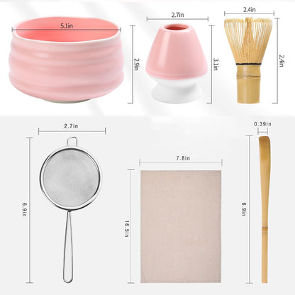 Ceremony Matcha Kit - Traditional Bamboo Matcha Whisk (Chasen) Scoop (Chashaku) Chawan Bowl with Pouring Spout Whisk Holder Sifter Tea Tray- The Perfect Matcha Set (Set of 6, Pink)