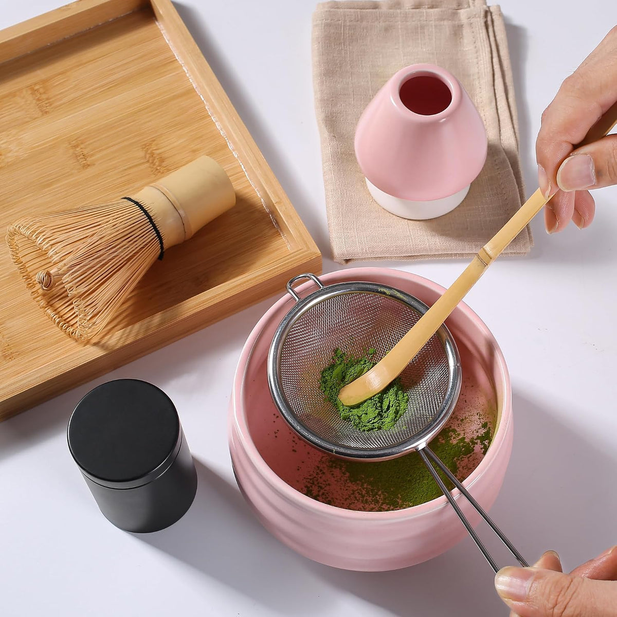 Ceremony Matcha Kit - Traditional Bamboo Matcha Whisk (Chasen) Scoop (Chashaku) Chawan Bowl with Pouring Spout Whisk Holder Sifter Tea Tray- The Perfect Matcha Set (Set of 6, Pink)