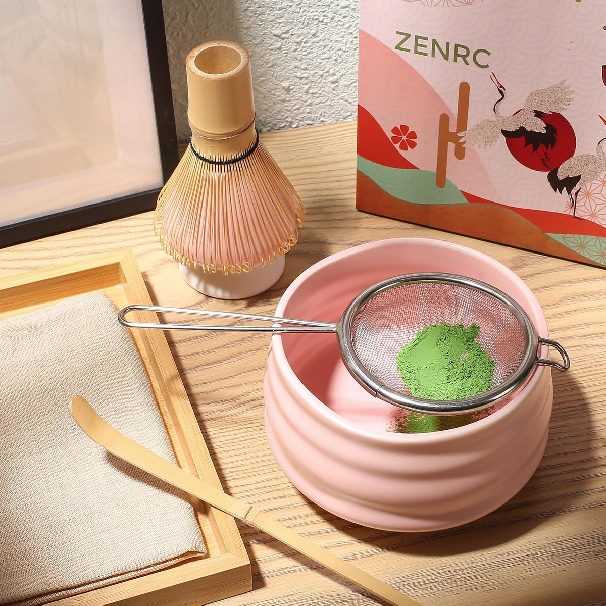 Ceremony Matcha Kit - Traditional Bamboo Matcha Whisk (Chasen) Scoop (Chashaku) Chawan Bowl with Pouring Spout Whisk Holder Sifter Tea Tray- The Perfect Matcha Set (Set of 6, Pink)