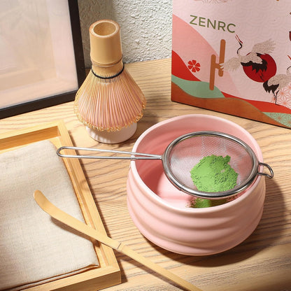 Ceremony Matcha Kit - Traditional Bamboo Matcha Whisk (Chasen) Scoop (Chashaku) Chawan Bowl with Pouring Spout Whisk Holder Sifter Tea Tray- The Perfect Matcha Set (Set of 6, Pink)