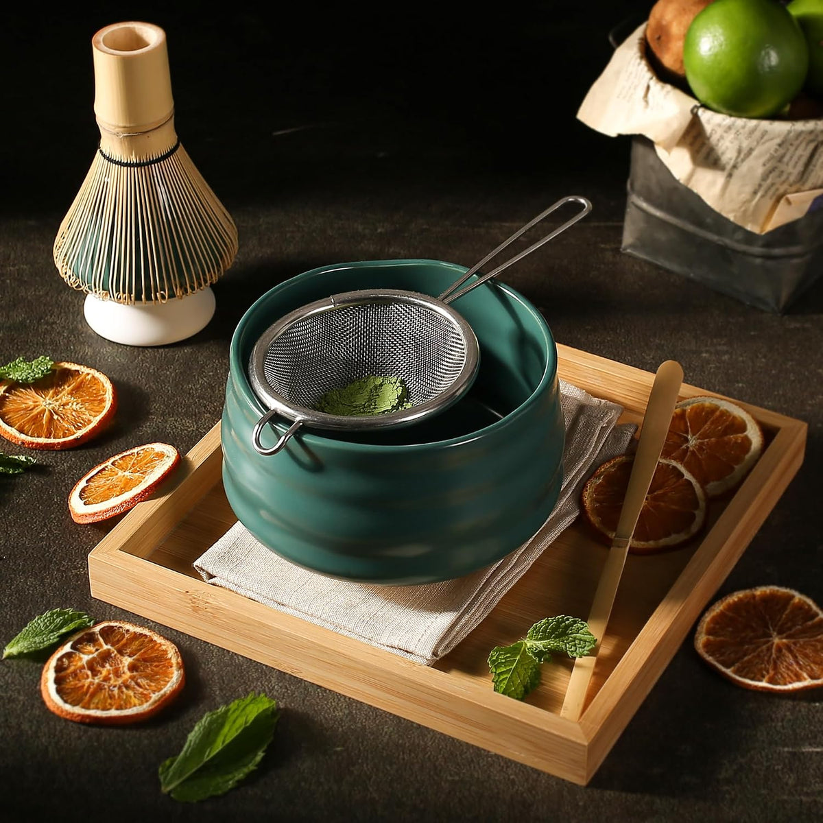 Ceremony Matcha Kit - Traditional Bamboo Matcha Whisk (Chasen) Scoop (Chashaku) Chawan Bowl with Pouring Spout Whisk Holder Sifter Tea Tray- The Perfect Matcha Set (Set of 6, Pink)