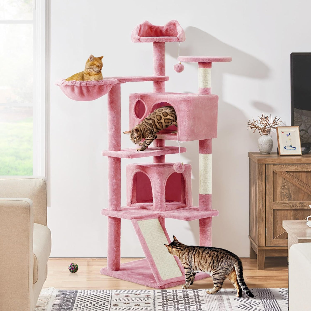 57 inches Multi-Level Cat Tree Cat Condo with Scratching Posts Kittens Activity Tower Pet Play House Furniture, Pink
