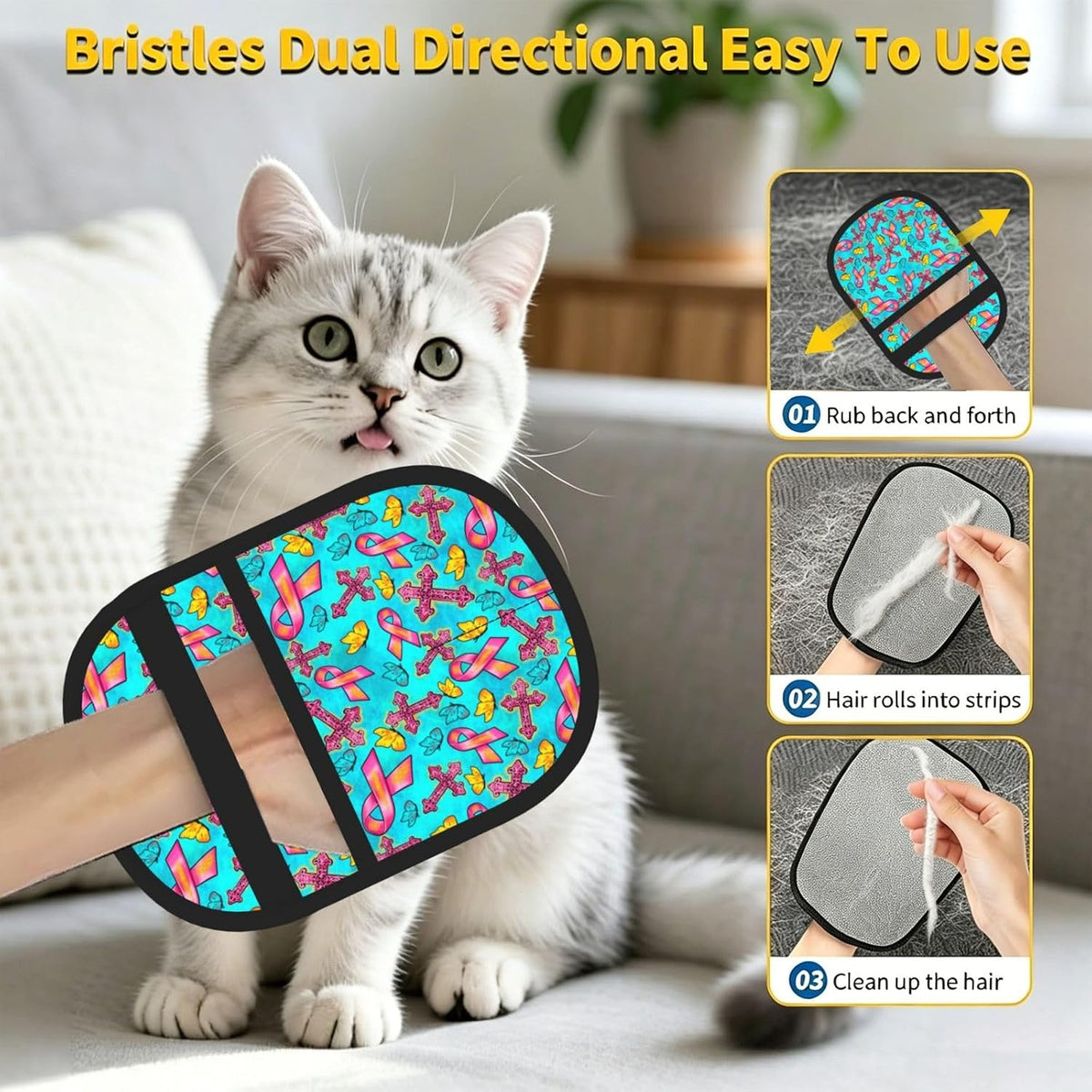 Breast Cancer Awareness Pink Ribbon Butterfly Pet Hair Removal Glove Dogs Hair Remover Glove Cats Fur Removal Tool with Hanging Loop for Couch 6.7X9.5 in