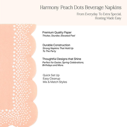 Gatherings by CP Harmony Peach Dots Beverage Napkins - Elegant Scalloped Cocktail Napkins for Bridal Shower, Wedding Reception, Baby Shower & Spring Party - 3-Ply Polka Dot Paper, 5 x 5 Inch -16 Pack