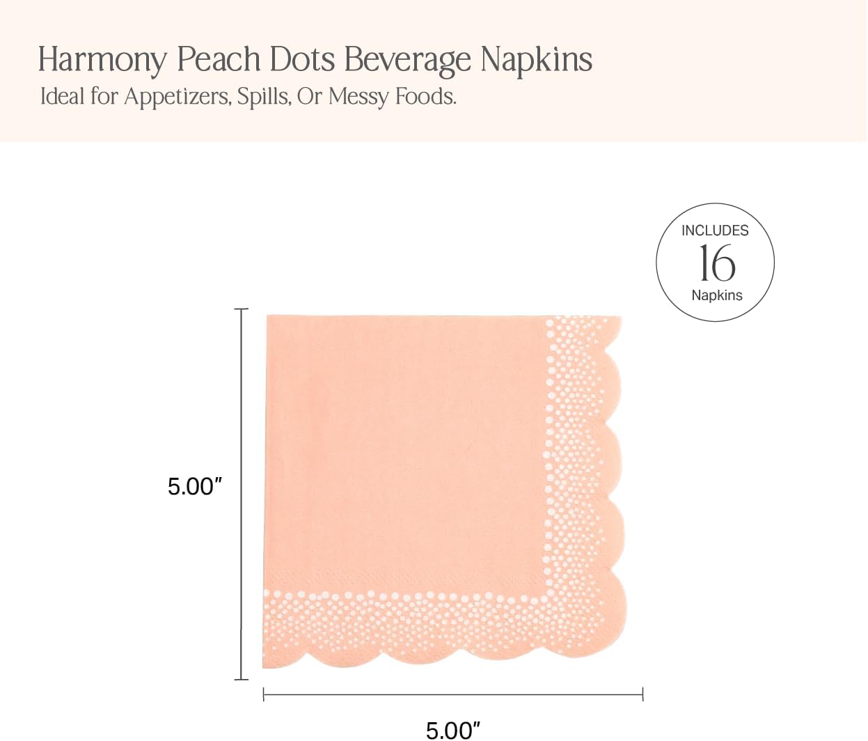 Gatherings by CP Harmony Peach Dots Beverage Napkins - Elegant Scalloped Cocktail Napkins for Bridal Shower, Wedding Reception, Baby Shower & Spring Party - 3-Ply Polka Dot Paper, 5 x 5 Inch -16 Pack