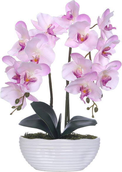 Large Artificial Orchid Arrangement in Oval Ribbed Ceramic Pot, Pink Shades
