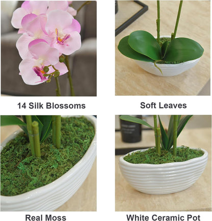 Large Artificial Orchid Arrangement in Oval Ribbed Ceramic Pot, Pink Shades