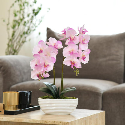 Large Artificial Orchid Arrangement in Oval Ribbed Ceramic Pot, Pink Shades