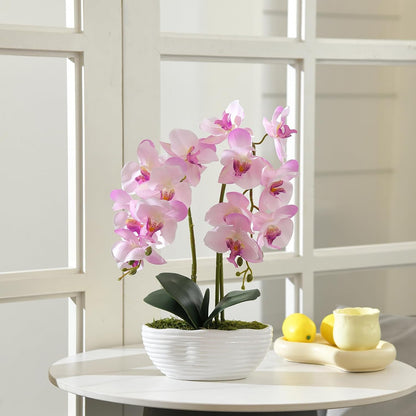 Large Artificial Orchid Arrangement in Oval Ribbed Ceramic Pot, Pink Shades