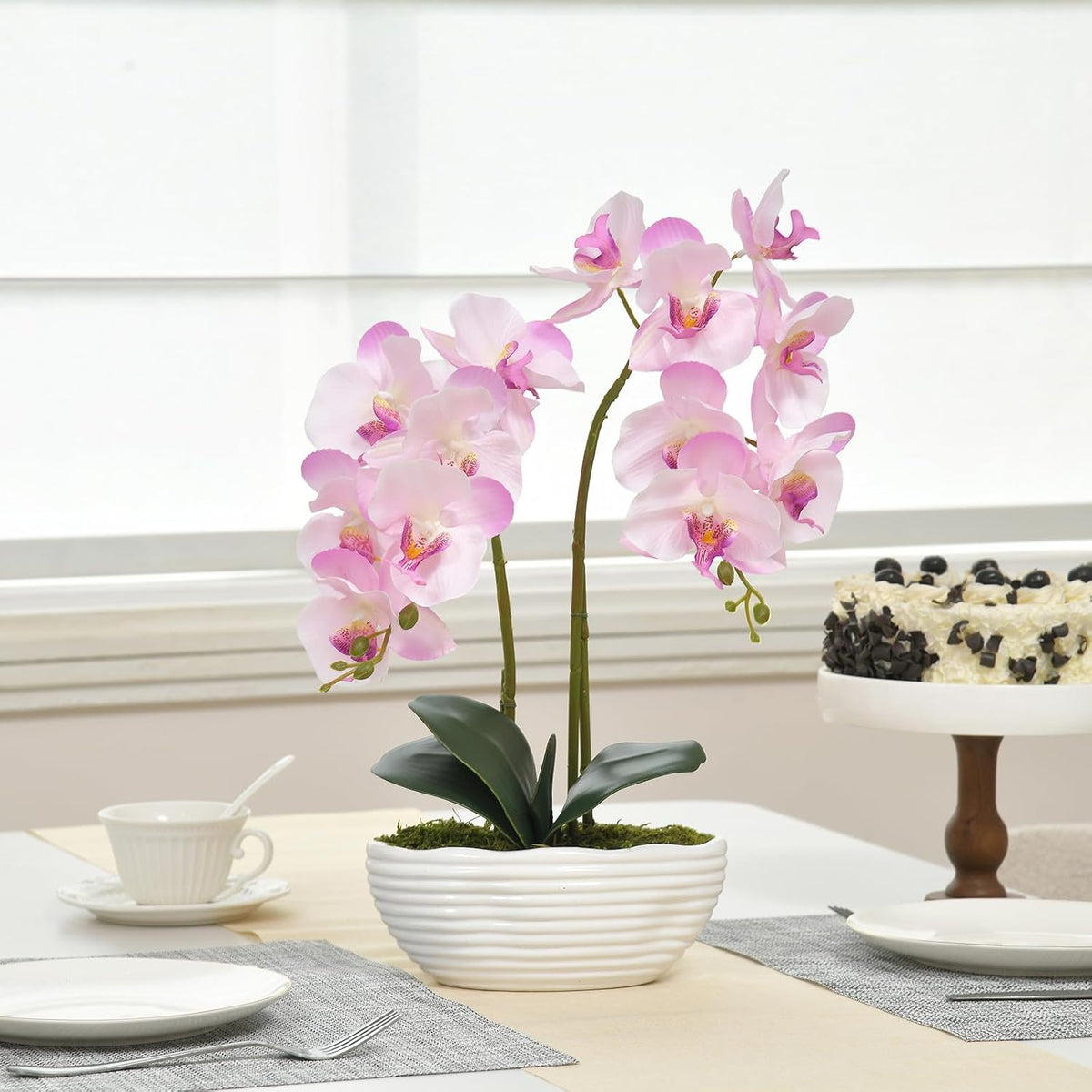 Large Artificial Orchid Arrangement in Oval Ribbed Ceramic Pot, Pink Shades