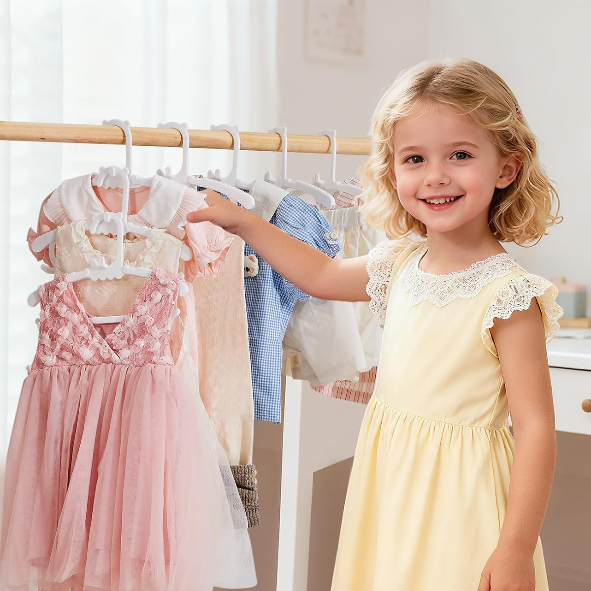 50 Pack Baby Hangers,with 35 Detachable Clips Adjustable 11.14"-15.55", Stackable Kids Closet Hangers, Two Bottom Grooves for Secure Clip Placement.Fits Newborns,Toddlers, Children & Teens(Pink)