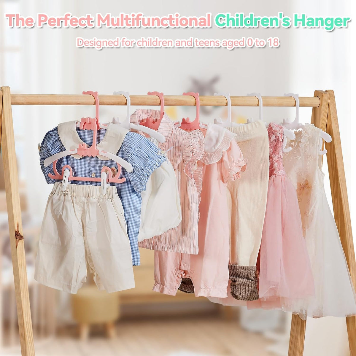 50 Pack Baby Hangers,with 35 Detachable Clips Adjustable 11.14"-15.55", Stackable Kids Closet Hangers, Two Bottom Grooves for Secure Clip Placement.Fits Newborns,Toddlers, Children & Teens(Pink)