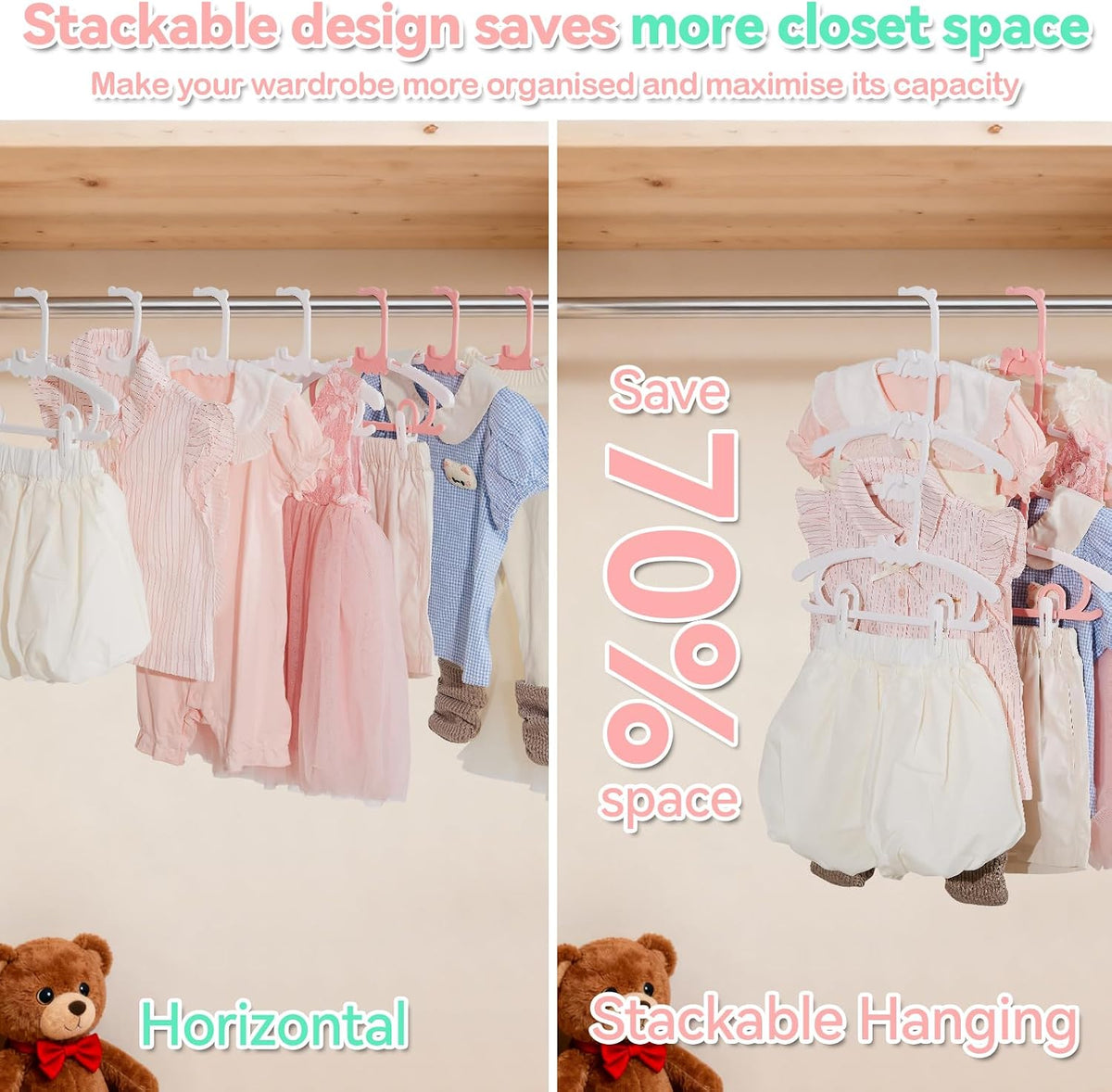 50 Pack Baby Hangers,with 35 Detachable Clips Adjustable 11.14"-15.55", Stackable Kids Closet Hangers, Two Bottom Grooves for Secure Clip Placement.Fits Newborns,Toddlers, Children & Teens(Pink)