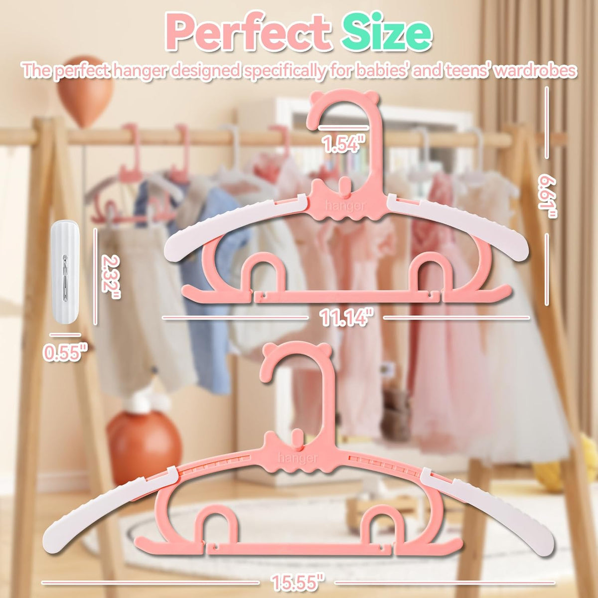 50 Pack Baby Hangers,with 35 Detachable Clips Adjustable 11.14"-15.55", Stackable Kids Closet Hangers, Two Bottom Grooves for Secure Clip Placement.Fits Newborns,Toddlers, Children & Teens(Pink)