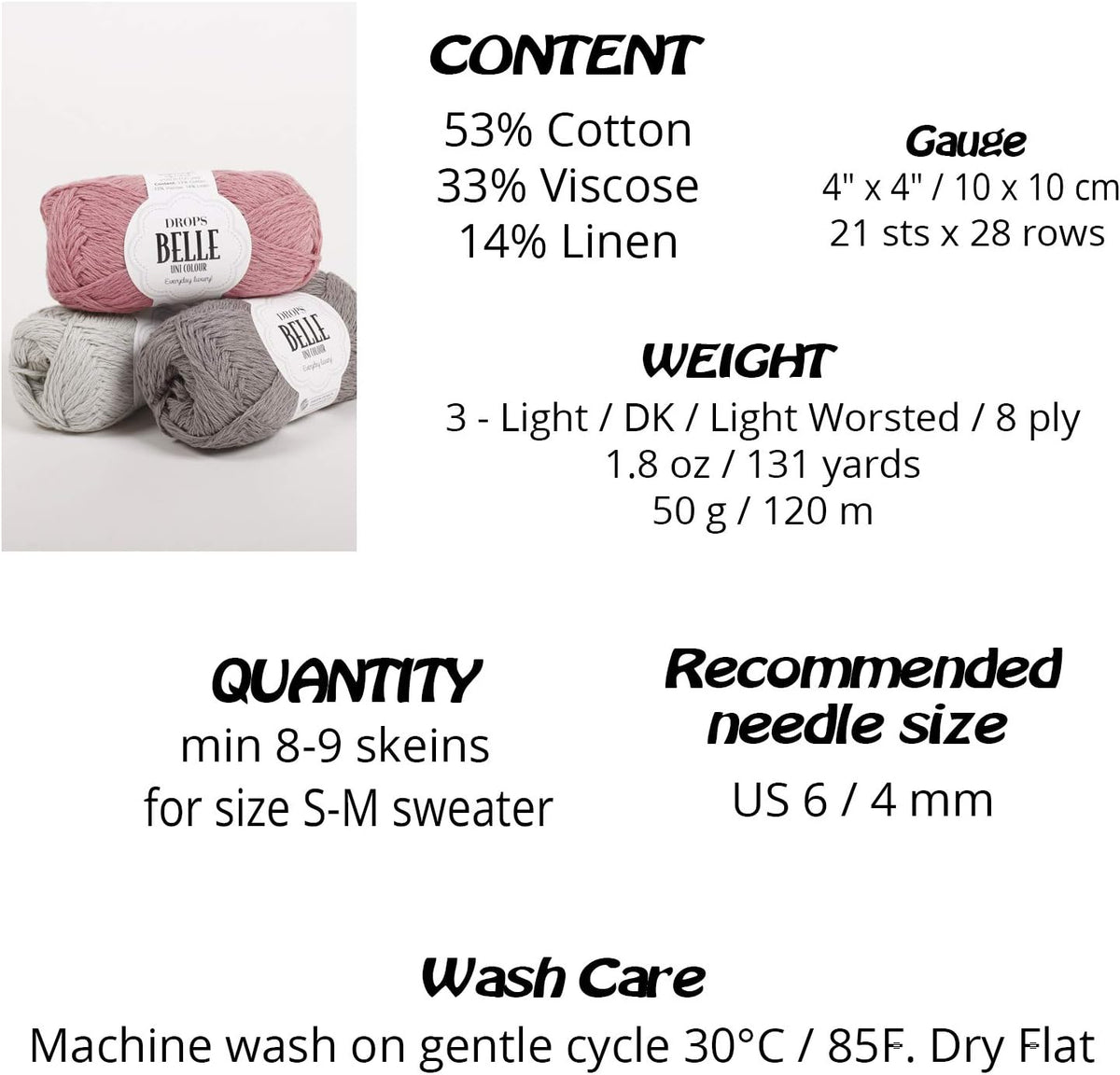 Knitting Yarn of Cotton, Viscose and Linen, Drops Belle, DK, Light Worsted Weight, 1.8 oz 131 Yards (11 Old Pink)
