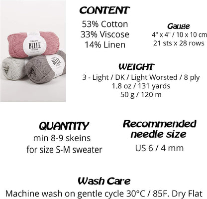Knitting Yarn of Cotton, Viscose and Linen, Drops Belle, DK, Light Worsted Weight, 1.8 oz 131 Yards (11 Old Pink)