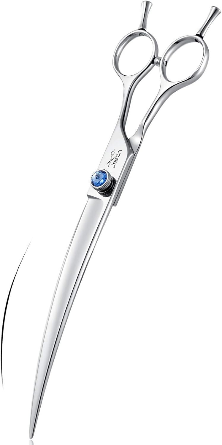 JASON Curved Dog Grooming Scissors - 8" Ergonomic Pets Cats Trimming Shears with Offset Handle and a Jewelled Screw for Right Handed Groomers Long Sharp Comfortable Christmas Gift