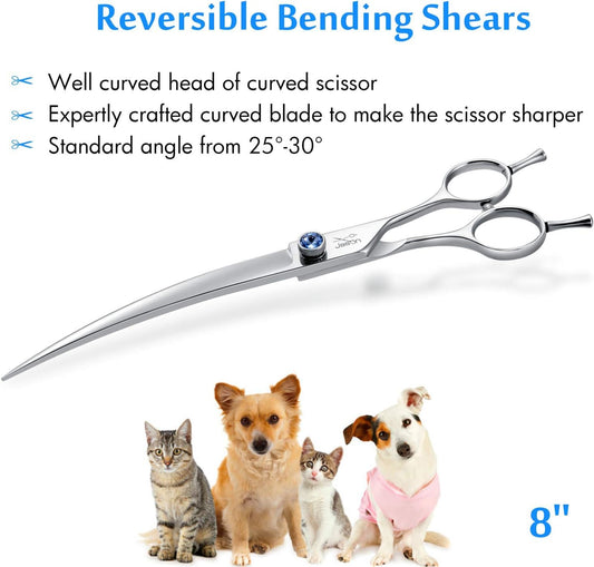 JASON Curved Dog Grooming Scissors - 8" Ergonomic Pets Cats Trimming Shears with Offset Handle and a Jewelled Screw for Right Handed Groomers Long Sharp Comfortable Christmas Gift