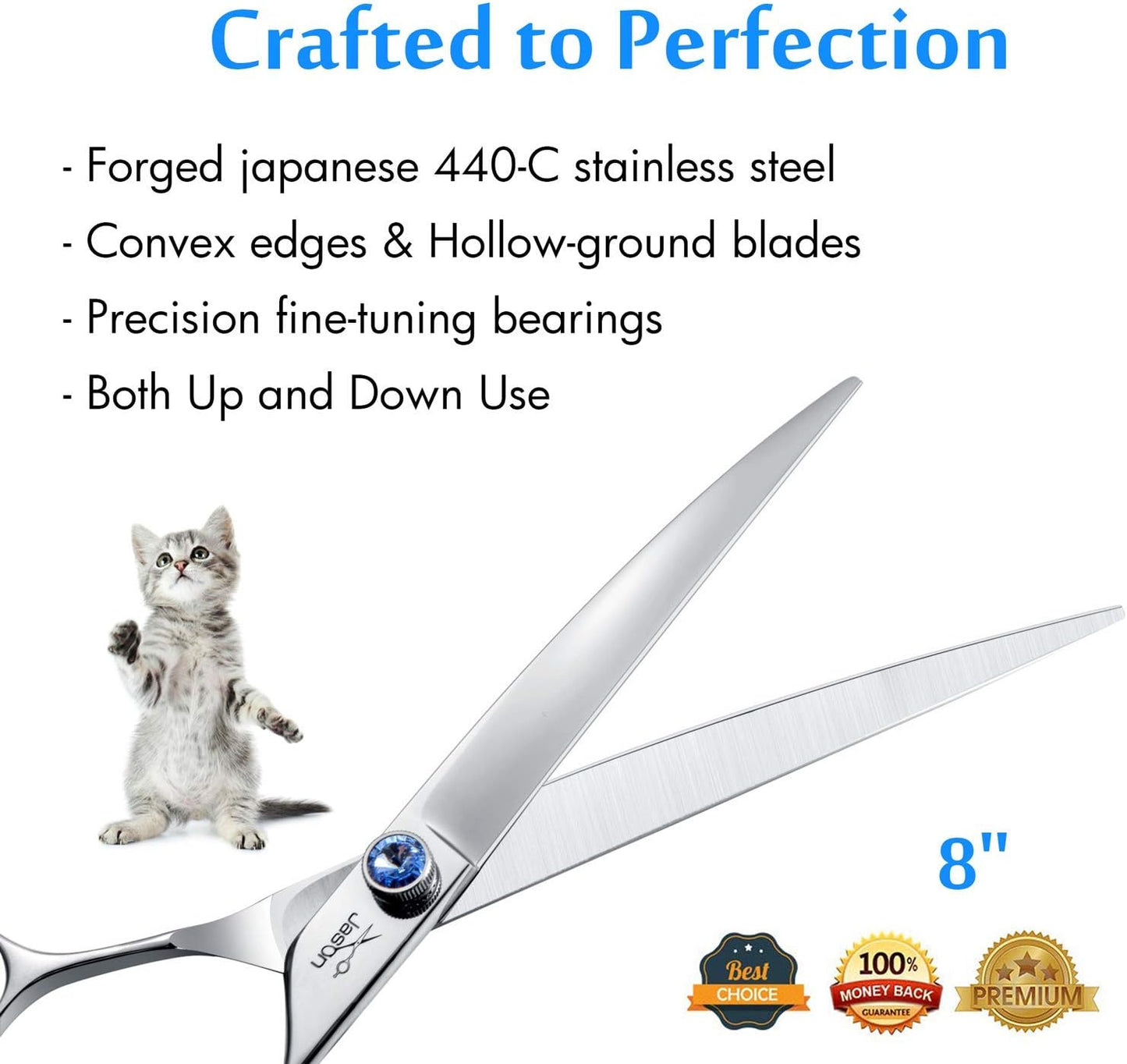 JASON Curved Dog Grooming Scissors - 8" Ergonomic Pets Cats Trimming Shears with Offset Handle and a Jewelled Screw for Right Handed Groomers Long Sharp Comfortable Christmas Gift