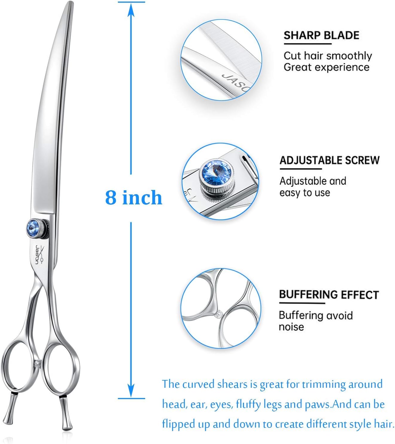 JASON Curved Dog Grooming Scissors - 8" Ergonomic Pets Cats Trimming Shears with Offset Handle and a Jewelled Screw for Right Handed Groomers Long Sharp Comfortable Christmas Gift