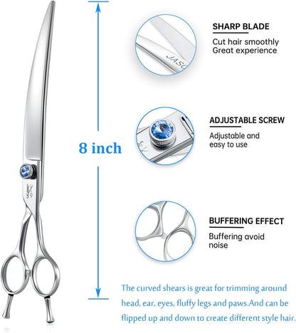 JASON Curved Dog Grooming Scissors - 8" Ergonomic Pets Cats Trimming Shears with Offset Handle and a Jewelled Screw for Right Handed Groomers Long Sharp Comfortable Christmas Gift