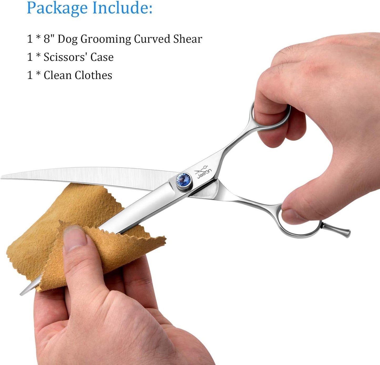 JASON Curved Dog Grooming Scissors - 8" Ergonomic Pets Cats Trimming Shears with Offset Handle and a Jewelled Screw for Right Handed Groomers Long Sharp Comfortable Christmas Gift