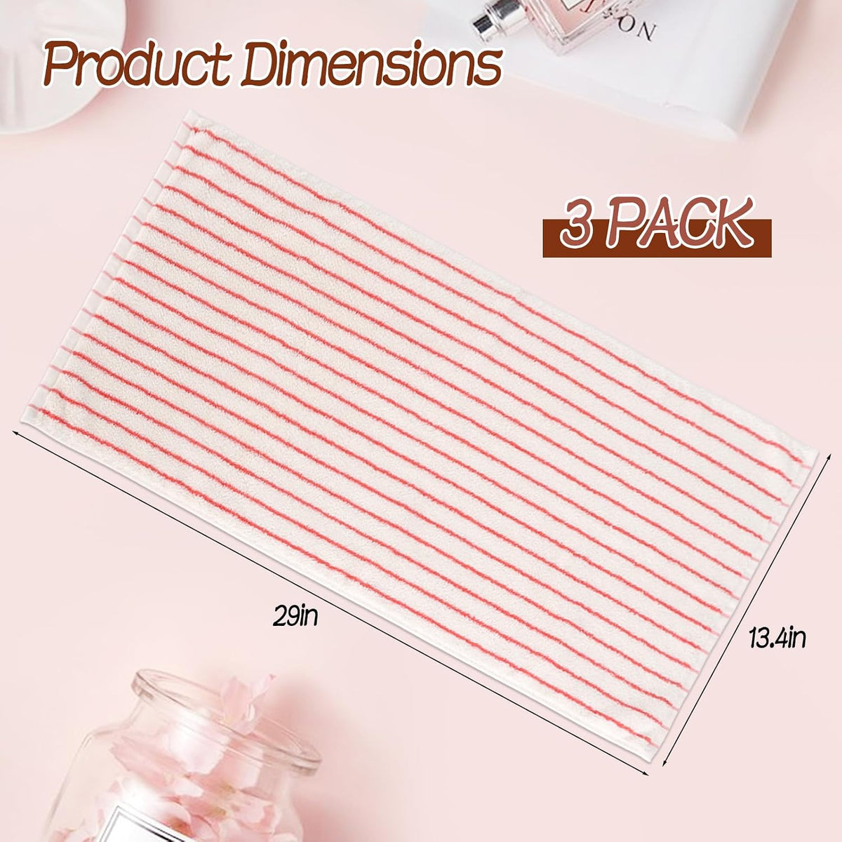 3 Pack Pink and White Striped Hand Towels 100% Cotton Absorbent Soft Decorative Towel for Bathroom Kitchen Home Hotel Beach, 29 x 13.4 Inches (Pink and White)